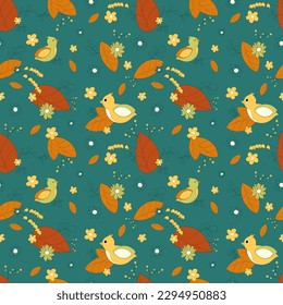 Vector seamless stylish summer pattern in cartoon style with leaves, flowers and birds on a dark green background. Can be used for printing, textile and packaging.