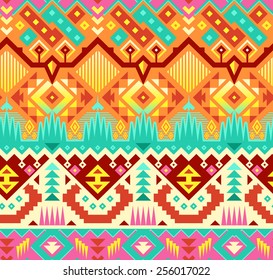 Vector Seamless Stylish Tribal Pattern. Colorful Ethnic Background with Triangles, Rhombus and Stripes. Pink, Orange, Yellow and Emerald Colors