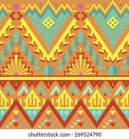 Vector Seamless Stylish Tribal Pattern. Colorful Ethnic Background with Triangles, Rhombus and Stripes. Brown, Orange, Yellow and Lucite Green Colors