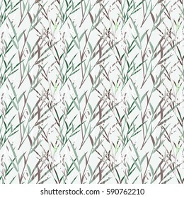 Vector seamless stylized floral pattern. Silhouettes stalks and tuft of grass with torn texture on a pale green background