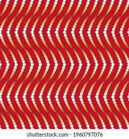 Vector, Seamless, Stylized Image of Peculiar Yellow and White Vertical Waves On a Red Background 