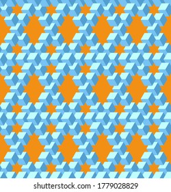 Vector, Seamless, Stylized Pattern Based On the Pentrose Triangle. Combination of Orange and Blue Colors. Physically Impossible Option and Optical Illusion. Can Be Used in Design Solutions
