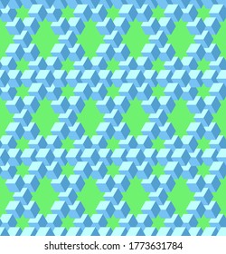 Vector, Seamless Stylized Pentrose Triangle Based Pattern. The Combination of Blue and Green Background. Physically Impossible Option and Optical Illusion. Possible Use in Design Solutions