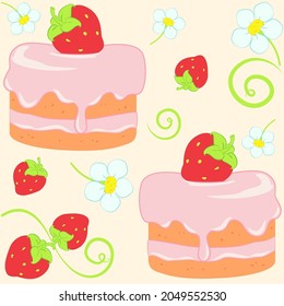 Vector seamless summer appetizing delicate pattern - strawberry berries and flowers, strawberry cake for wallpaper, textiles, kitchen utensils, dishes, wrapping paper, postcards, banners, pastry shops