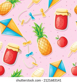 Vector seamless summer baby pattern, pineapple, jam, ice cream and flying kite.