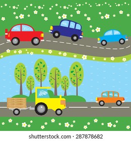 vector  seamless  summer background. Cars, tractor, river, flowers, trees. Part 1 of 2 compatible patterns