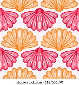 Vector seamless summer background. Colorful pattern with red and yellow sea shells. Marine theme, good for tixtile, wrapping  wallpaper, cards design