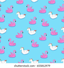 Vector seamless summer background. Pattern with floating flamingo and Unicorn in water. Illustration for swimming and recreation.