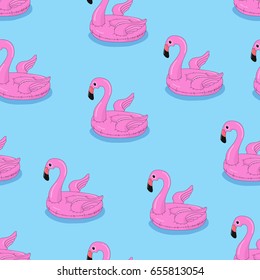 Vector seamless summer background. Pattern with floating flamingo in water. Illustration for swimming and recreation