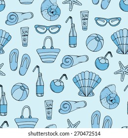 Vector seamless summer beach pattern in blue colors