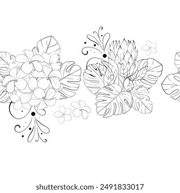 Vector seamless summer border, pattern. Tropical flowers composition, bouquet of proteas and exotic monstera leaves, plumeria. Hand drawn graphic ornament. Black circuit silhouette