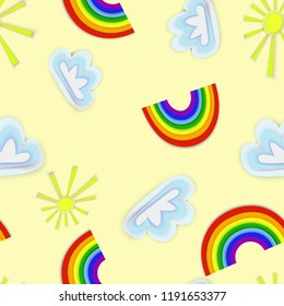 vector seamless summer bright pattern, bright rainbow, cloud and sun on a colored background