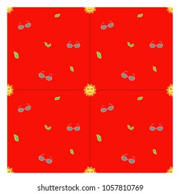 Vector -  Seamless of summer collection on red background. Smile sun, green leaves and sunglasses. Can be use for fabric, tiles, card , brochure, banner for sale, paper, gift wrap. Cute wallpaper.