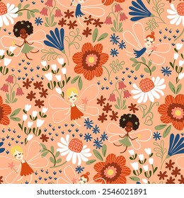 Patrón floral de verano sin costuras de Vector. Hadas de jardín impresión. Niñas jugando con flores en el jardín. Estampado textil con flores y hojas