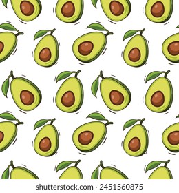 Vector seamless with summer fruit on editable background. banana, cherry, grapes, lemon, avocado, mango, orange, apple, strawberry, pear.