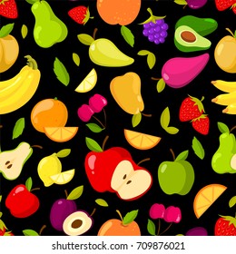 Vector seamless summer fruits pattern on a black background. Color fruits pattern illustration