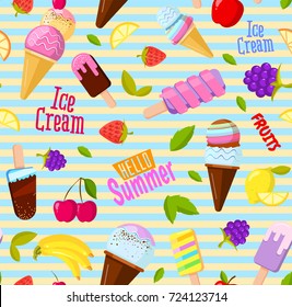 Vector seamless summer fruits pattern. colorful cartoon background vintage style illustration
