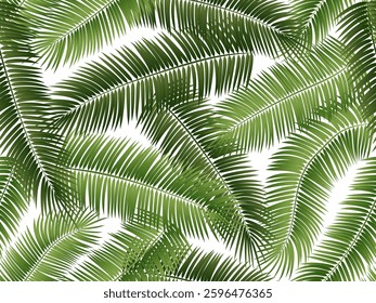 Vector seamless summer green palm leaves on white background.