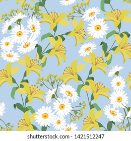 Vector seamless summer illustration with daisies and lilies on a blue background. For decoration of textiles, packaging, web design.