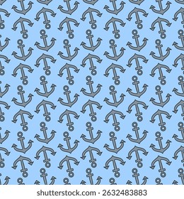 Vector seamless summer nautical cartoon pattern with many anchors on a light blue background. For summertime, maritime and sea clothing design, bedding, wrapping paper, and nursery wallpaper.