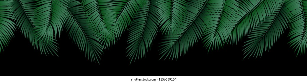 Vector seamless summer palm leaves on black background.