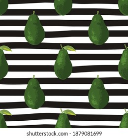 Vector seamless summer pattern with avocadoes on black and white striped background.