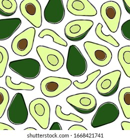 Vector sin fisuras patrón de verano con aguacates. Frutas sabrosas dibujadas en línea y coloreadas con estilo de impresión errónea