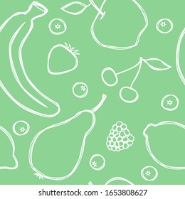 Vector seamless summer pattern with banana, apple; pear; cherry; blackberry; strawberry; blueberry; lemon. Tasty fruits and berries drawn in line art