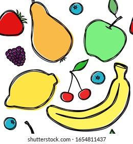 Vector seamless summer pattern with banana, apple; pear; cherry; blackberry; strawberry; blueberry; lemon. Tasty fruits and berries drawn in line art and colored in misprint style