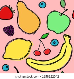 Vector seamless summer pattern with banana, apple; pear; cherry; blackberry; strawberry; blueberry; lemon. Tasty fruits and berries drawn in line art and colored in misprint style
