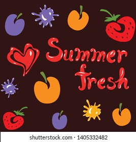 Vector seamless summer pattern with  blots of juice, heart, inscription summer fresh, stylized fruits: strawberries, peach, apricot, plum on a dark background for wallpaper, textiles, cards, dishes.