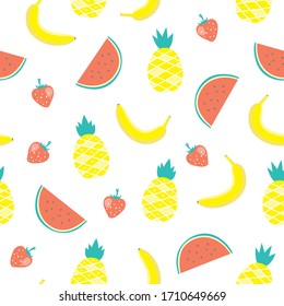 vector seamless summer pattern with cartoon fruits: watermelon, pineapple, strawberry,  bananas