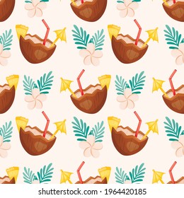 Vector seamless summer pattern. Coconut cocktail with drinking straw and umbrella. Tropical decoration with plumeria flowers and green leaves. Background decoration on the theme of vacation.