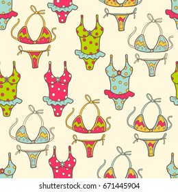 Vector seamless summer pattern with color swim suits, bikini. Bright cute cartoon style. Pop art elegant style.