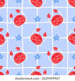 Vector Seamless summer pattern with cute red crabs and starfish in a hand-drawn marine style. Perfect for kids clothing, beach textiles, and ocean-themed wrapping paper
