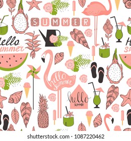  Vector seamless summer pattern with flamingo, tropical plants and ice cream.