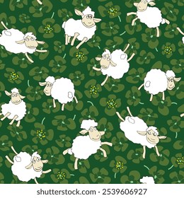 Vector seamless summer pattern of flying happy cartoon sheep in green foliage meadow. Ideal for digital uses, print, scrapbooking, fabric designs, gift wrap, or seasonal projects for kids.