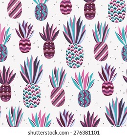 Vector seamless summer pattern with hand drawn flat pineapples on bright background. Hand drawn dots. Pink, violet, purple, blue and turquoise colors. Good for wrapping paper, fabric print, wallpaper