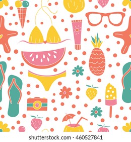 Vector seamless summer pattern. Hand drawn  elements - pineapple, bikini, sun glasses, ice cream, watermelon. Colorful surface pattern design