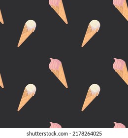 Vector seamless summer pattern with ice cream. Summer desserts on dark brown background.
