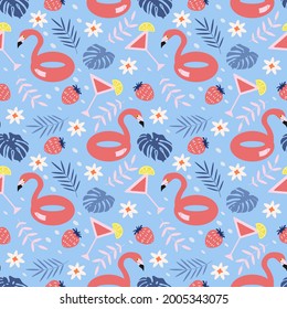 vector seamless summer pattern with inflatable flamingos, palm leaves, cocktails and flowers. pattern in flat style for printing onto fabric, wrapping paper