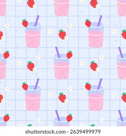 Vector Seamless summer pattern with kawaii lemonade, cocktails, strawberry. Ideal for childrens clothing, fabric prints, and wrapping paper