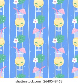 Vector Seamless summer pattern with kawaii lemonade, cocktails. Ideal for childrens clothing, fabric prints, and wrapping paper