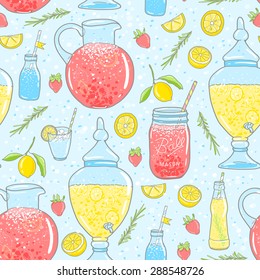Vector seamless summer pattern with lemonades, lemons and strawberries