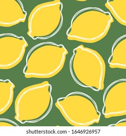 Vector seamless summer pattern with lemons. Tasty fruits drawn in line art and colored in misprint style