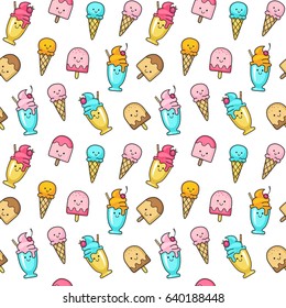 Vector seamless summer pattern with multicolor ice cream. Cones ice cream and ice lolly on white background. Frozen desserts.