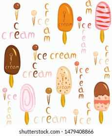 Vector seamless summer pattern with numerous popsicle ice cream in varied glaze, with chocolate, nuts, jam, pieces of fruit, multi-colored stylized inscriptions for wallpaper, textiles, cards, dishes