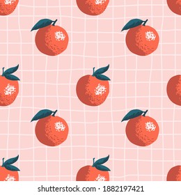 Vector seamless summer pattern with oranges on retro geometry background.