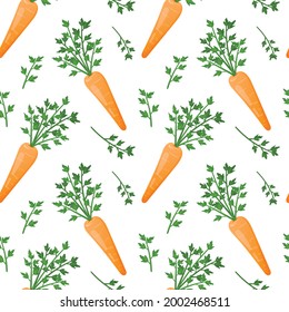 Vektornahtloses Sommermuster. Realistische, helle Bilder von frischen Karotten mit üppigem Batwa. Gemüseanbau und gesunde Ernährung im Garten-Hintergrund.