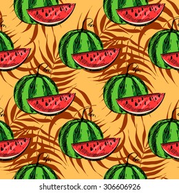 Vector seamless summer pattern round green melon and ripe watermelon in a cut with palm leaves.